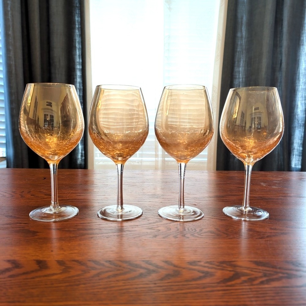 Pier 1‎ Crackle Glass Goblets  Golden Luster Large Wine Glasses Amber Set Of 4